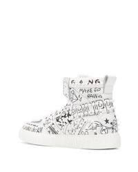 weiße und schwarze bedruckte hohe Sneakers aus Leder von Philipp Plein