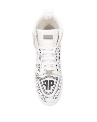 weiße und schwarze bedruckte hohe Sneakers aus Leder von Philipp Plein