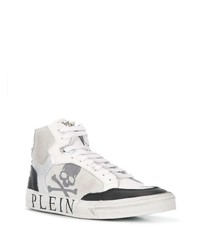 weiße und schwarze bedruckte hohe Sneakers aus Leder von Philipp Plein