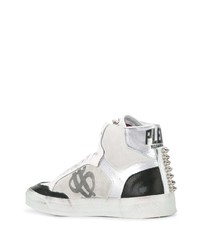 weiße und schwarze bedruckte hohe Sneakers aus Leder von Philipp Plein