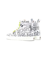 weiße und schwarze bedruckte hohe Sneakers aus Leder von Philipp Plein