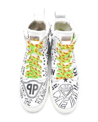 weiße und schwarze bedruckte hohe Sneakers aus Leder von Philipp Plein