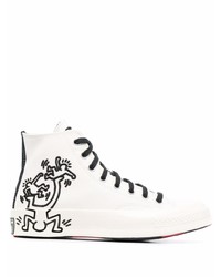 weiße und schwarze bedruckte hohe Sneakers aus Segeltuch von Converse
