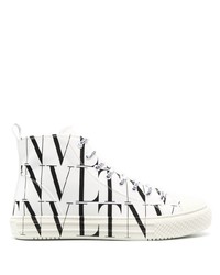 weiße und schwarze bedruckte hohe Sneakers aus Segeltuch von Valentino Garavani