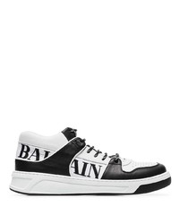 weiße und schwarze bedruckte Leder niedrige Sneakers von Balmain