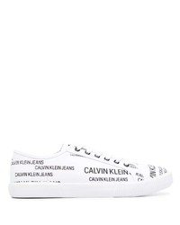 weiße und schwarze bedruckte Leder niedrige Sneakers von Calvin Klein