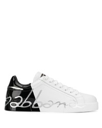 weiße und schwarze bedruckte Leder niedrige Sneakers von Dolce & Gabbana