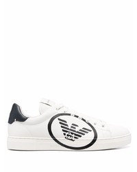weiße und schwarze bedruckte Leder niedrige Sneakers von Emporio Armani
