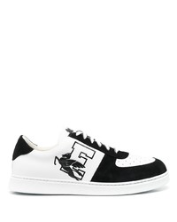 weiße und schwarze bedruckte Leder niedrige Sneakers von Etro