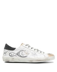 weiße und schwarze bedruckte Leder niedrige Sneakers von Golden Goose