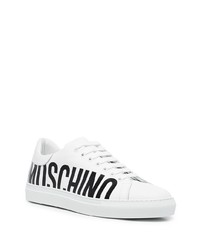 weiße und schwarze bedruckte Leder niedrige Sneakers von Moschino