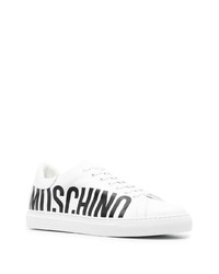 weiße und schwarze bedruckte Leder niedrige Sneakers von Moschino