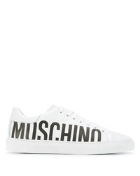 weiße und schwarze bedruckte Leder niedrige Sneakers von Moschino