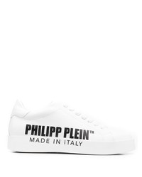 weiße und schwarze bedruckte Leder niedrige Sneakers von Philipp Plein