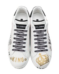 weiße und schwarze bedruckte Leder niedrige Sneakers von Dolce & Gabbana