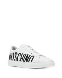 weiße und schwarze bedruckte Leder niedrige Sneakers von Moschino