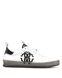 weiße und schwarze bedruckte Leder niedrige Sneakers von Roberto Cavalli