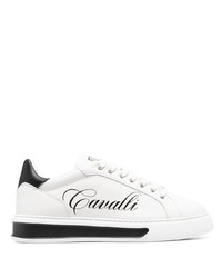 weiße und schwarze bedruckte Leder niedrige Sneakers von Roberto Cavalli
