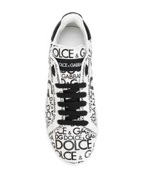 weiße und schwarze bedruckte Leder niedrige Sneakers von Dolce & Gabbana