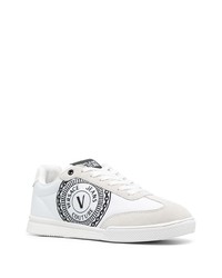 weiße und schwarze bedruckte Leder niedrige Sneakers von VERSACE JEANS COUTURE