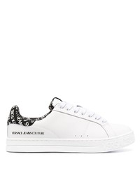 weiße und schwarze bedruckte Leder niedrige Sneakers von VERSACE JEANS COUTURE