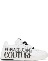 weiße und schwarze bedruckte Leder niedrige Sneakers von VERSACE JEANS COUTURE