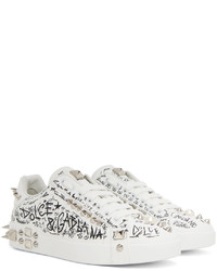 weiße und schwarze bedruckte Leder niedrige Sneakers von Dolce & Gabbana