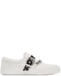 weiße und schwarze bedruckte Slip-On Sneakers aus Leder