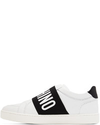 weiße und schwarze bedruckte Slip-On Sneakers aus Leder von Moschino