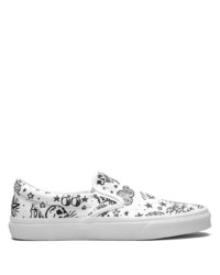 weiße und schwarze bedruckte Slip-On Sneakers aus Segeltuch von Vans