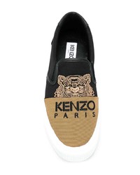 weiße und schwarze bestickte Slip-On Sneakers aus Segeltuch von Kenzo