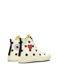 weiße und schwarze gepunktete hohe Sneakers aus Segeltuch von COMME DES GARÇONS PLAY X CONVERSE