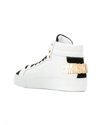 weiße und schwarze hohe Sneakers aus Leder von Moschino