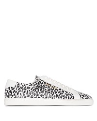 weiße und schwarze Leder niedrige Sneakers mit Leopardenmuster von Saint Laurent