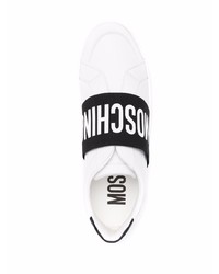 weiße und schwarze Slip-On Sneakers aus Leder von Moschino