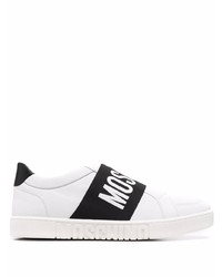 weiße und schwarze Slip-On Sneakers aus Leder von Moschino