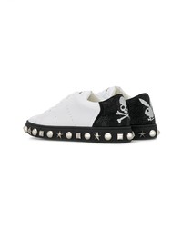 weiße und schwarze verzierte Leder niedrige Sneakers von Philipp Plein