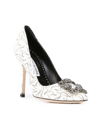 weiße und schwarze verzierte Leder Pumps von Manolo Blahnik