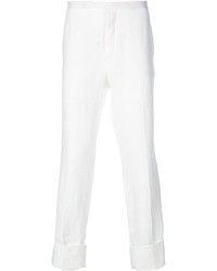 weiße vertikal gestreifte Leinen Anzughose von Thom Browne