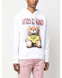 weißer bedruckter Fleece-Pullover mit einem Kapuze von Moschino