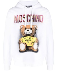 weißer bedruckter Fleece-Pullover mit einem Kapuze von Moschino