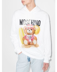 weißer bedruckter Fleece-Pullover mit einem Kapuze von Moschino