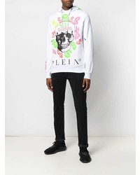 weißer bedruckter Pullover mit einem Kapuze von Philipp Plein