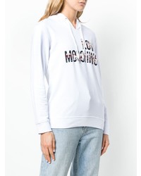 weißer bedruckter Pullover mit einer Kapuze von Love Moschino