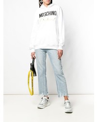 weißer bedruckter Pullover mit einer Kapuze von Moschino