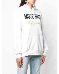 weißer bedruckter Pullover mit einer Kapuze von Moschino