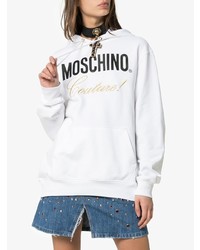 weißer bedruckter Pullover mit einer Kapuze von Moschino