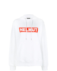 weißer bedruckter Pullover mit einer Kapuze von Helmut Lang