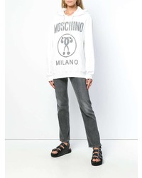 weißer bedruckter Pullover mit einer Kapuze von Moschino