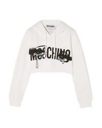 weißer bedruckter Pullover mit einer Kapuze von Moschino